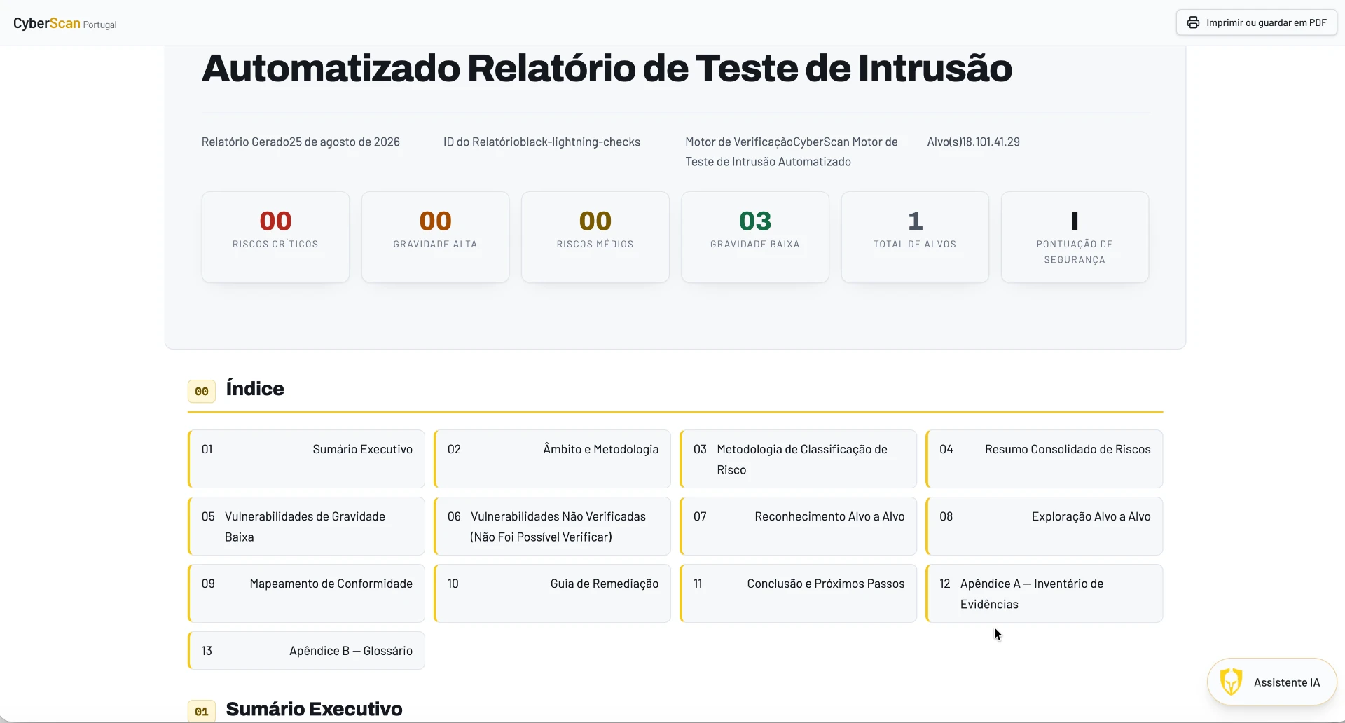 Relatório final em português, pronto a imprimir ou guardar em PDF.